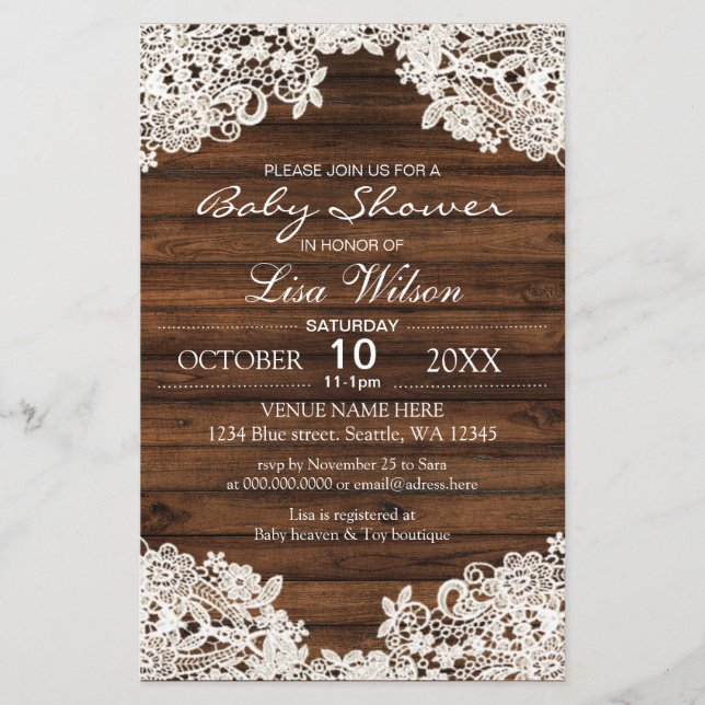 Papier Budget Barn Baby shower dentelle en bois Invitatio (Devant)