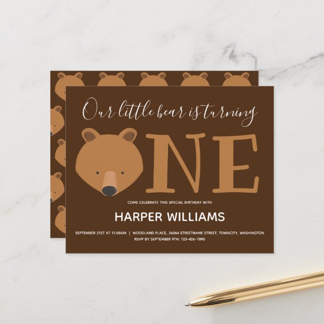 Papier Budget Bear One Baby First Birthday Invitation (Devant/Arrière en situation)