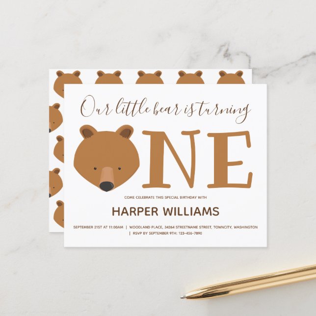 Papier Budget Bear One Baby First Birthday Invitation (Devant/Arrière en situation)