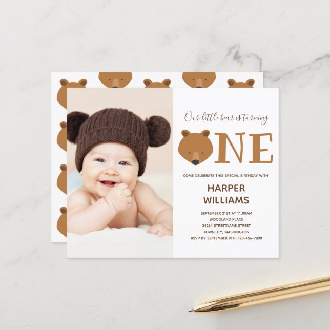 Papier Budget Bear Photo Baby First Birthday Invitation (Devant/Arrière en situation)