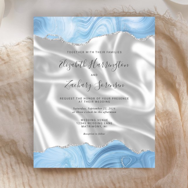 Papier Budget Bébé Bleu Argent Agate Mariage de soie blan (Créateur téléchargé)