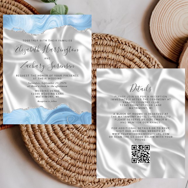 Papier Budget Bébé Bleu Argent Agate soie QR Code Mariage (Créateur téléchargé)