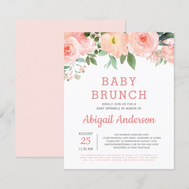 Papier Budget Bébé Brunch Aquarelle Floral Invitation (Devant / Derrière)