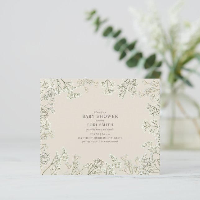 Papier Budget Bébé's Breath Floral Baby shower Invitation (Debout devant)