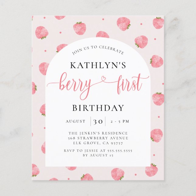 Papier Budget Berry First Birthday Strawberry Invitation (Devant)