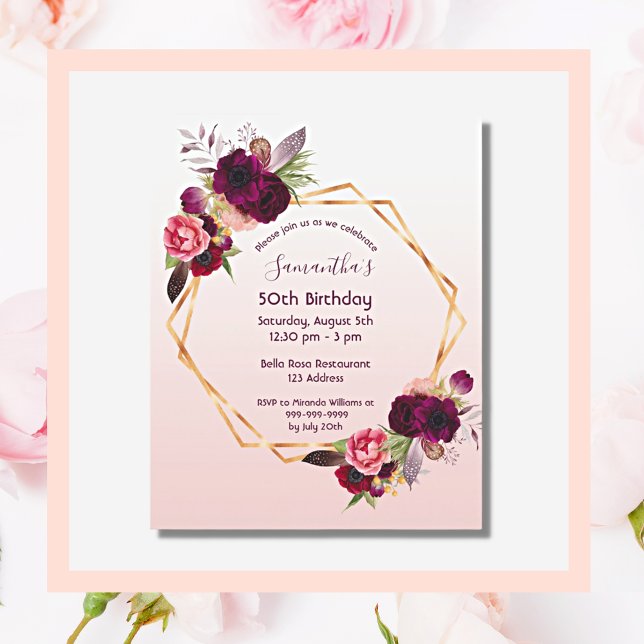 Papier Budget Birthday florals rose or invitation (Créateur téléchargé)