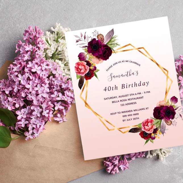 Papier Budget Birthday florals rose or invitation (Créateur téléchargé)