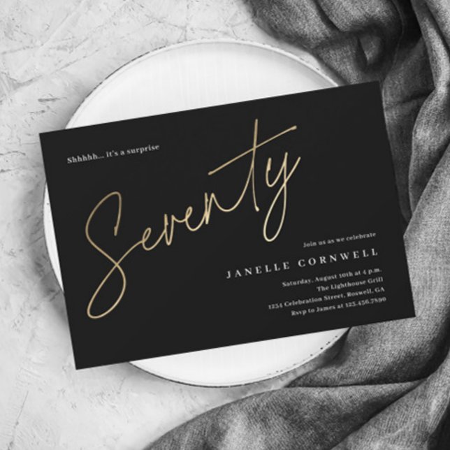 Papier Budget Black and Gold 70th Birthday Invitation (Modern gold script budget 70th birthday party invitations.)