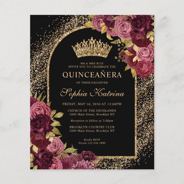 Papier Budget Black Burgundy Glam Or Floral Quinceanera (Devant)