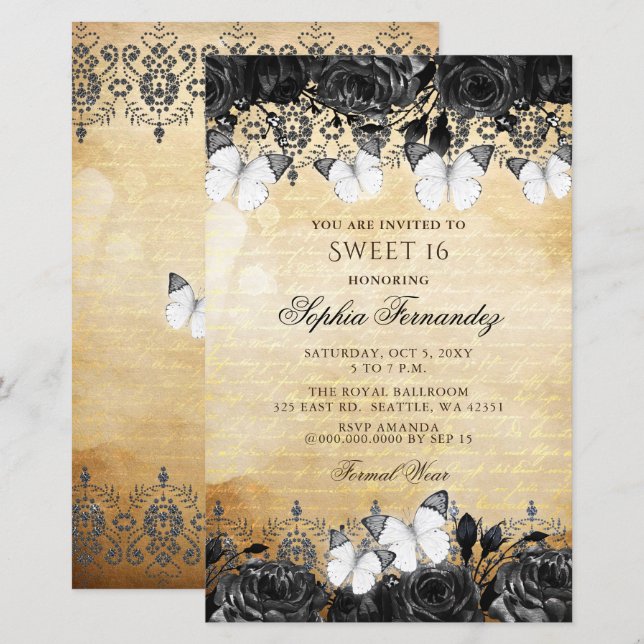Papier Budget Black Butterfly Sweet 16 Invitation (Devant / Derrière)