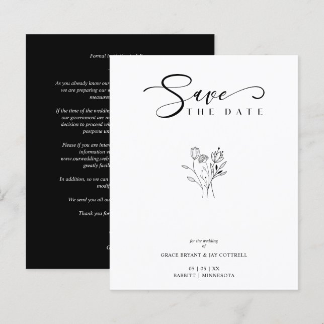 Papier Budget Black Chic Trendy Wedding Wildflowers (Devant / Derrière)