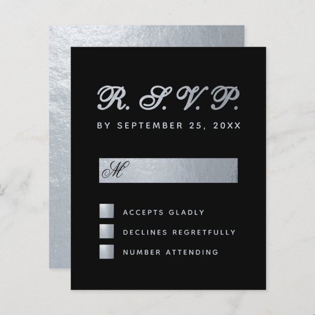 Papier Budget Black Faux Silver Calligraphie Mariage RSVP (Devant / Derrière)