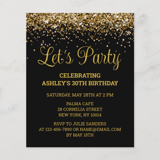 Papier Budget Black & Gold 30th Birthday Party Invitation (Devant)
