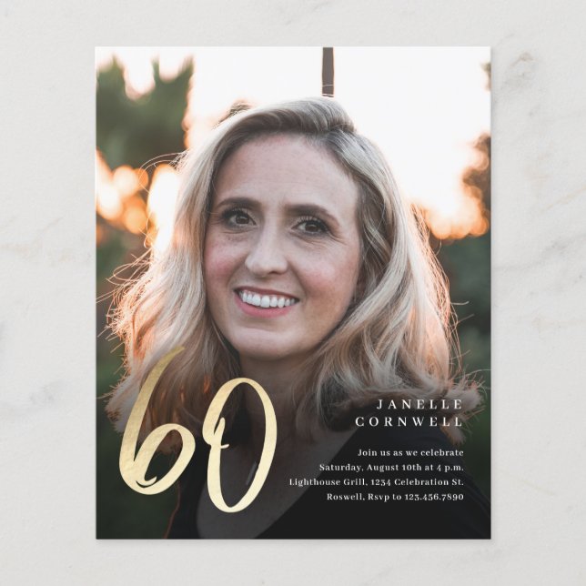 Papier Budget Black Gold 60th Photo Anniversaire Invitati (Devant)