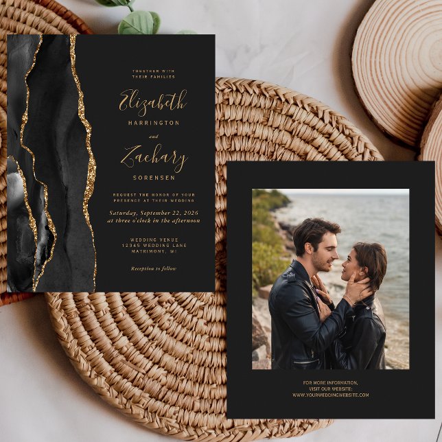 Papier Budget Black Gold Agate Photo Dark Wedding Invitat (Créateur téléchargé)