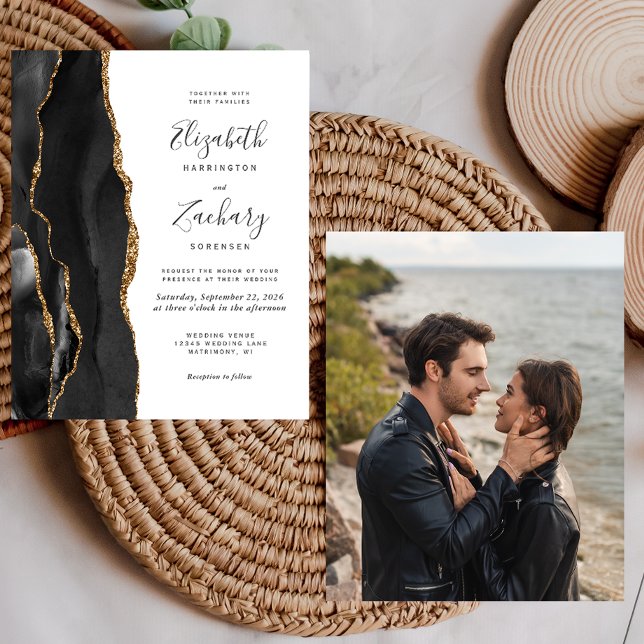 Papier Budget Black Gold Agate Photo Wedding Invitation (Créateur téléchargé)