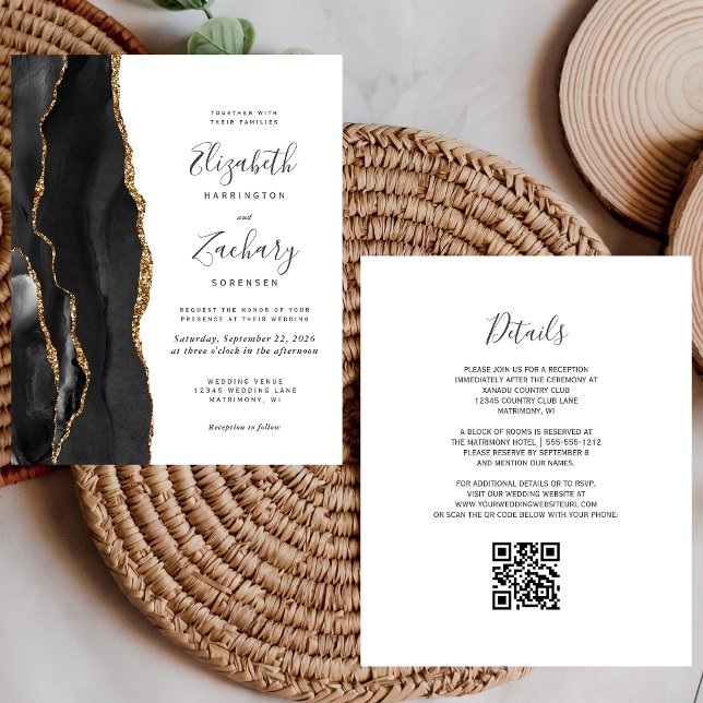 Papier Budget Black Gold Agate QR Code Mariage Invitation (Créateur téléchargé)