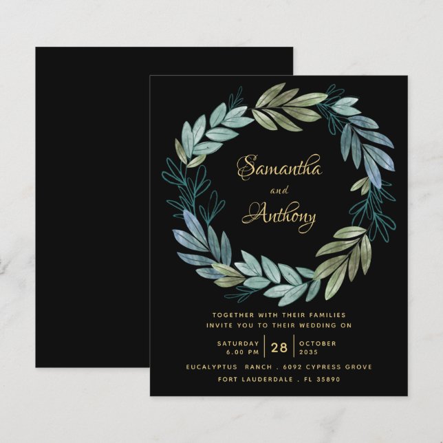 Papier Budget Black Gold Botanical Faire-part de mariage (Devant / Derrière)