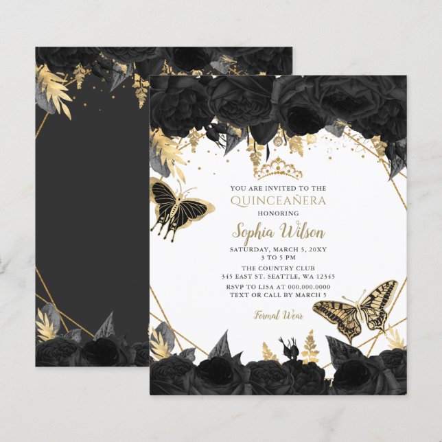 Papier Budget Black Gold Butterfly Quinceañera Invitation (Devant / Derrière)