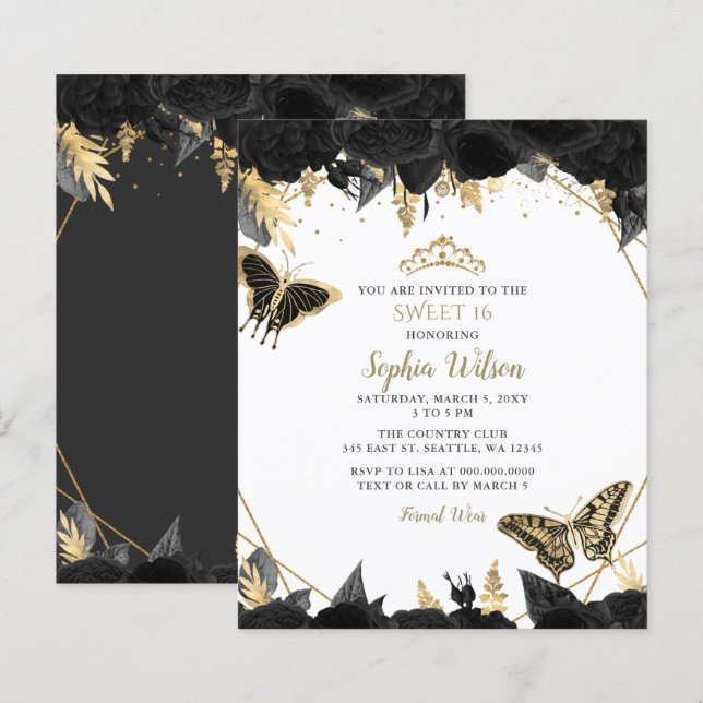 Papier Budget Black Gold Butterfly SWEET 16 Invitation (Devant / Derrière)