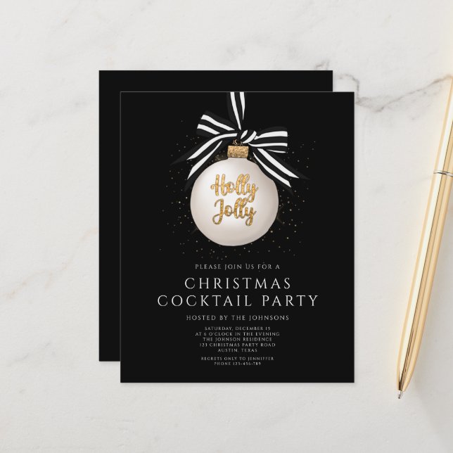 Papier Budget Black Gold Cocktail de Noël Invitation (Devant/Arrière en situation)