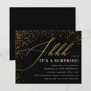 Papier Budget Black & Gold Confetti Script Surprise Party