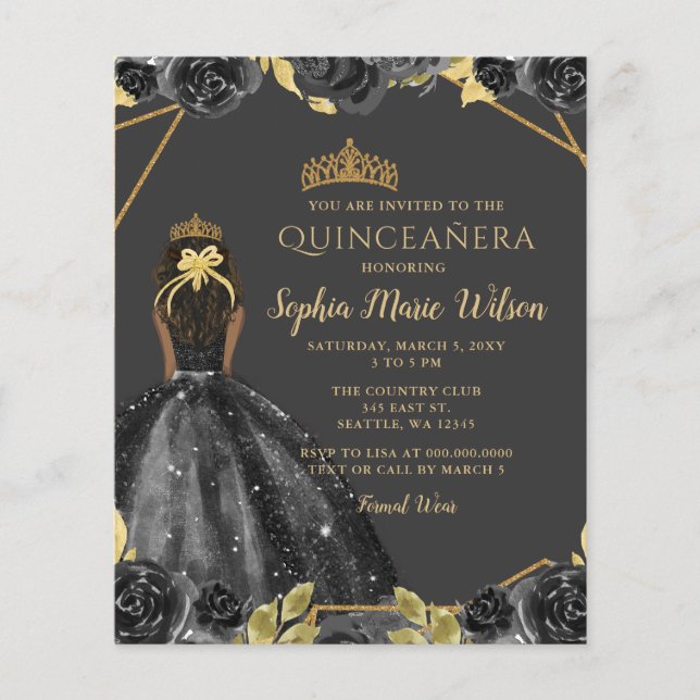 Papier Budget Black Gold Floral Princesse Quinceañera (Devant)