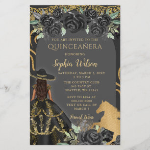 Papier Budget Black Gold Horse Floral Charra Quinceañera