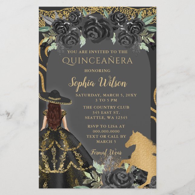 Papier Budget Black Gold Horse Floral Charra Quinceañera (Devant)