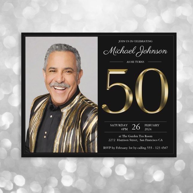 Papier Budget Black Gold Photo 50th Birthday Invitation (Mockup View)