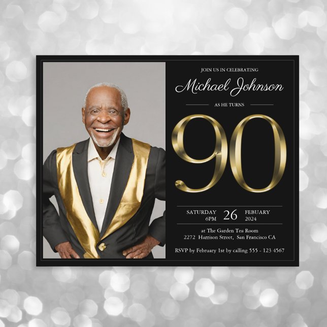 Papier Budget Black Gold Photo 90th Birthday Invitation (Mockup View)