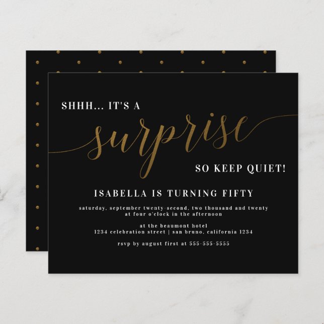 Papier Budget Black & Gold Script Surprise fête d'anniver (Devant / Derrière)