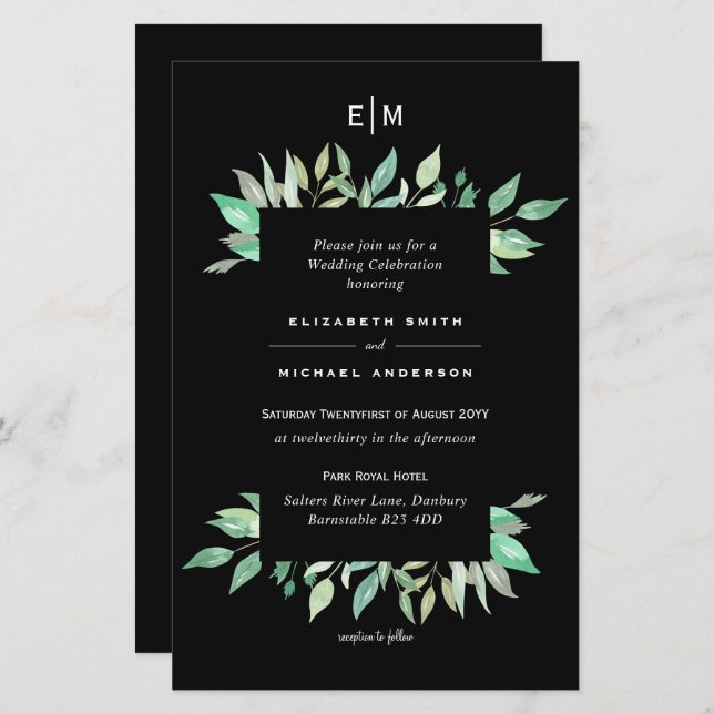 Papier BUDGET Black Greenery Invitations de mariage A9 (Devant / Derrière)