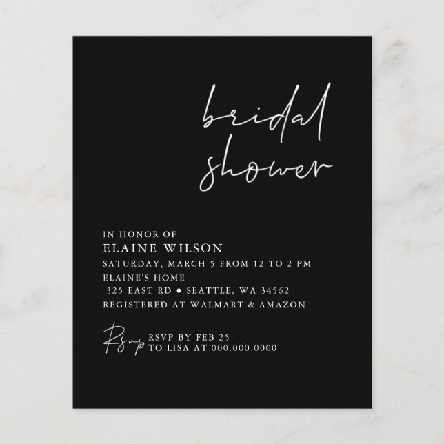 Papier Budget Black Moderne Douche nuptiale Invitation (Devant)