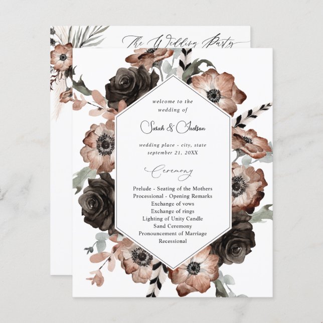 Papier Budget Black & Natural Floral Boho Wedding Program (Devant / Derrière)