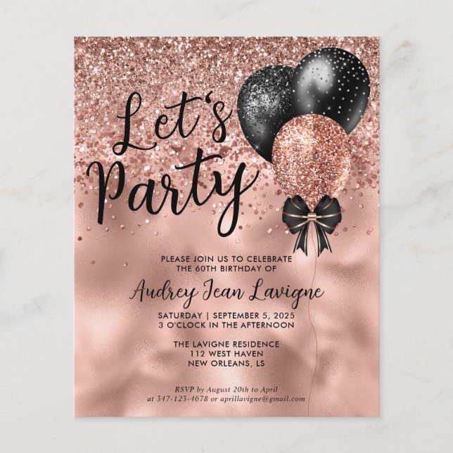 Papier Budget Black Rose Gold Balloon Lets Fête Anniversa (Devant)