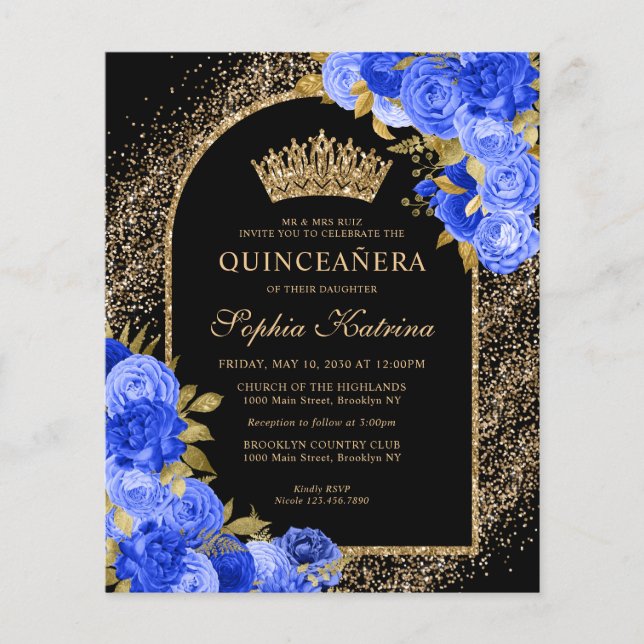 Papier Budget Black Royal Blue Gold Floral Quinceanera (Devant)