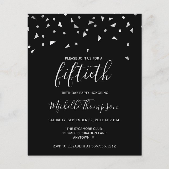 Papier Budget Black Silver 50e anniversaire de fête Invit (Devant)