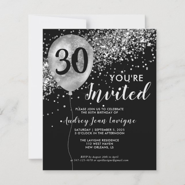 Papier Budget Black Silver Balloon Invitation Anniversair (Devant)
