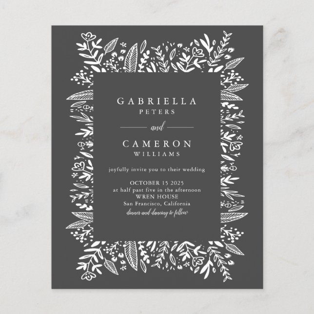 Papier Budget Black White Floral Line Art Wedding Invitat (Devant)
