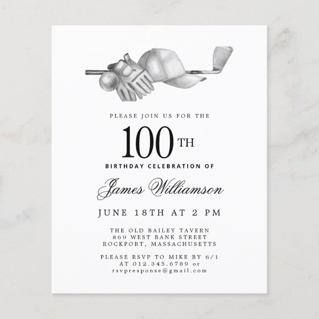 Papier Budget Black White Golf Invitation 100e anniversai (Devant)
