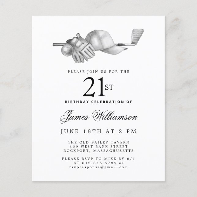 Papier Budget Black White Golf Invitation 21e Anniversair (Devant)