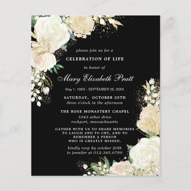Papier Budget Black White Rose Floral Funeral Invitation (Devant)