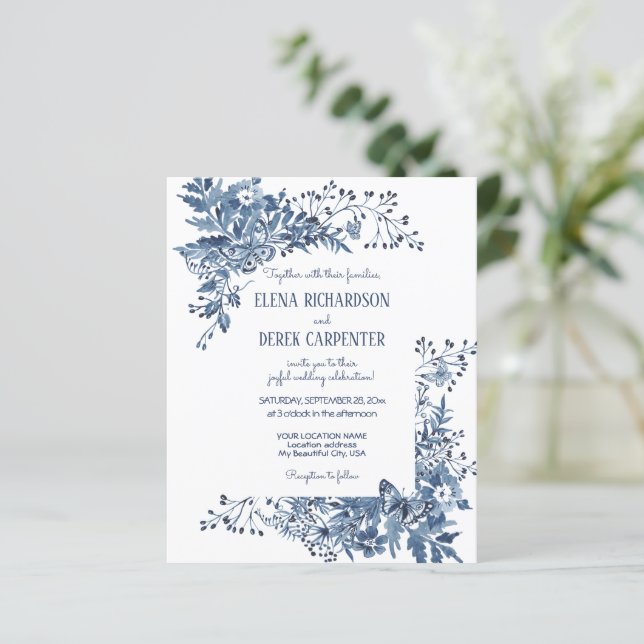 Papier Budget Blanc Bleu Fleur sauvage Oiseau Floral Mari (Debout devant)