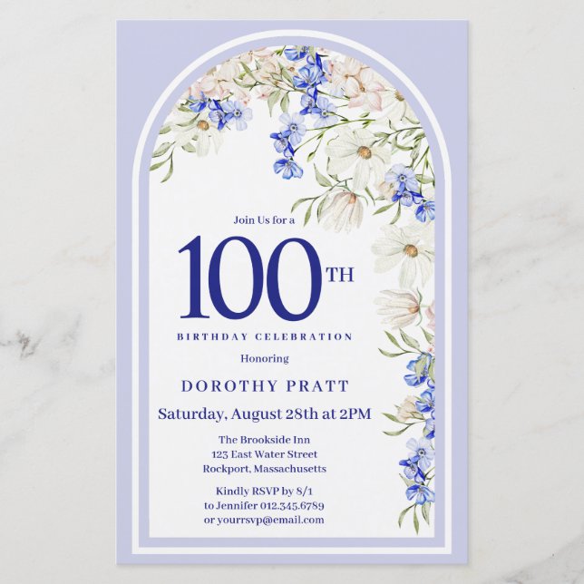 Papier Budget Blanc Bleu Floral 100e anniversaire Invitat (Devant)