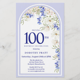 Papier Budget Blanc Bleu Floral 100e anniversaire Invitat