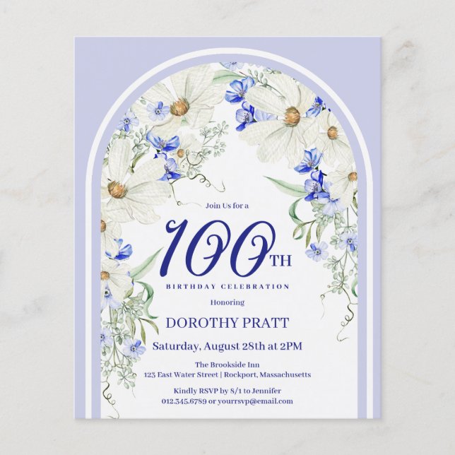 Papier Budget Blanc Bleu Floral 100e anniversaire Invitat (Devant)