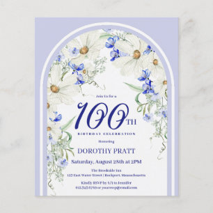 Papier Budget Blanc Bleu Floral 100e anniversaire Invitat