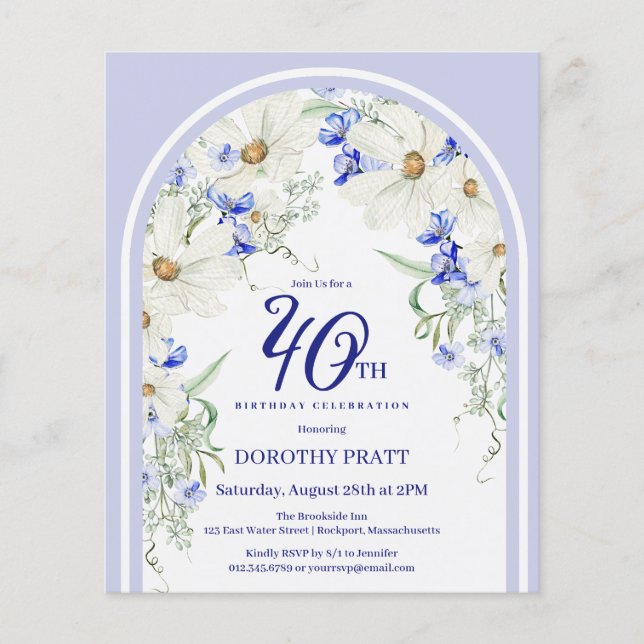 Papier Budget Blanc Bleu Floral 40e Anniversaire Invitati (Devant)
