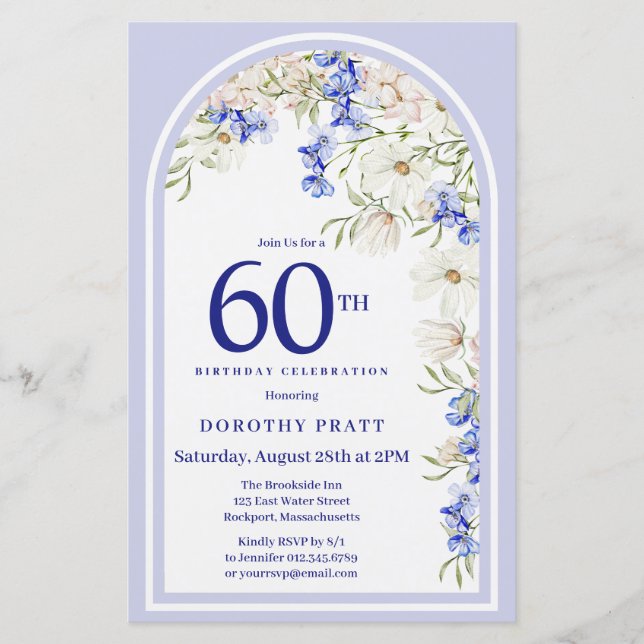 Papier Budget Blanc Bleu Floral 60e Anniversaire Invitati (Devant)